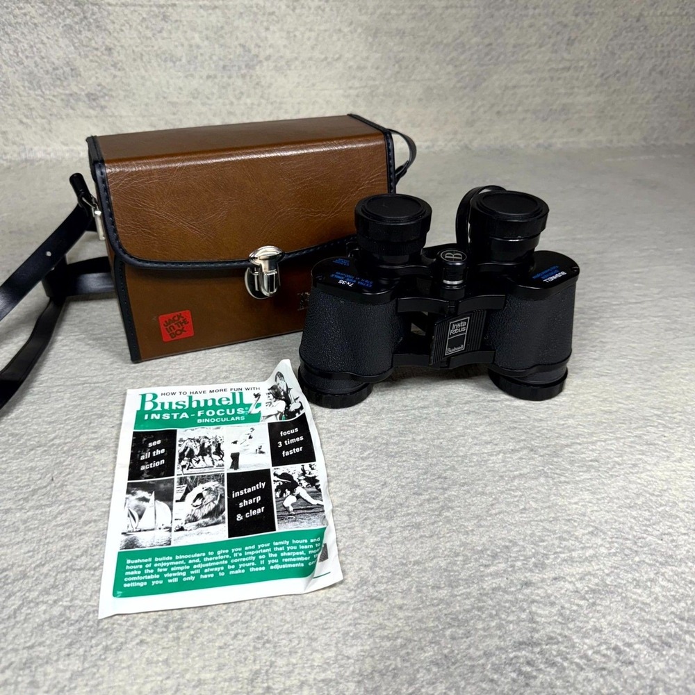 Bushnell Insta-Focus Binoculars w Rare Hard Cover Jack‎ In The Box Case Vintage